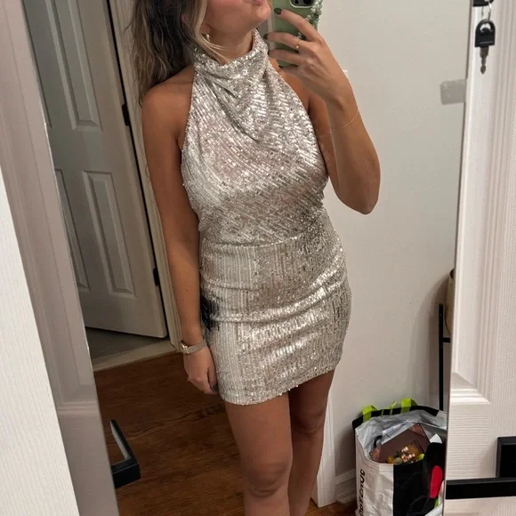 NWT Sequin Halter Backless Mini-Dress - Picture 5 of 6